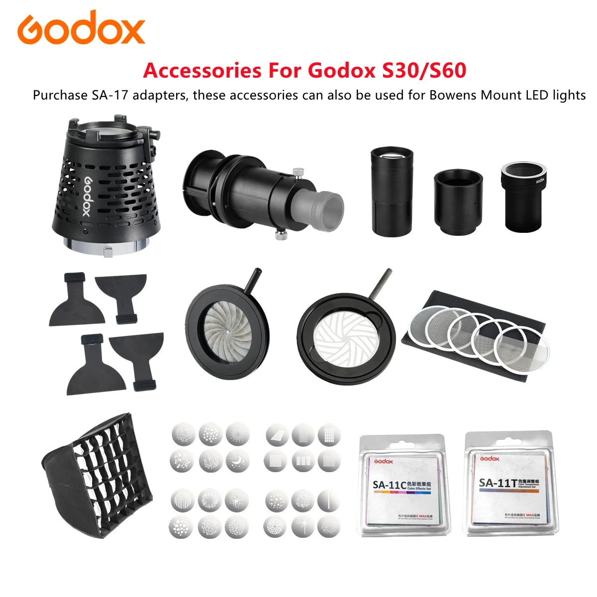 Godox S30/S60 Focusing LED Light Accessories Projection Lens Gobo SA-17 Bowens Mount LED Light To Projector Attachment Spotlight