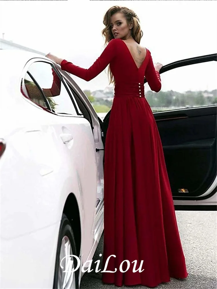 A-Line Empire Minimalist Holiday Formal Evening Dress V Neck Long Sleeve Floor Length Spandex with Split Front 2021