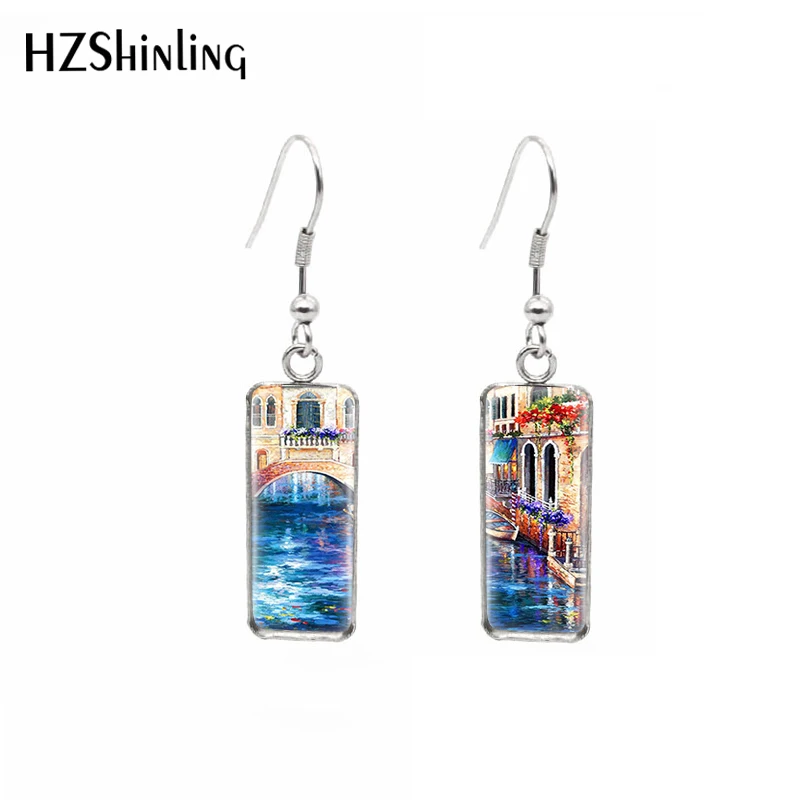 1 pair 10*25mm Rectangle French Hook Earrings Glass Cabochon oil paintings fantasy art venice Printing Jewelry Earrings