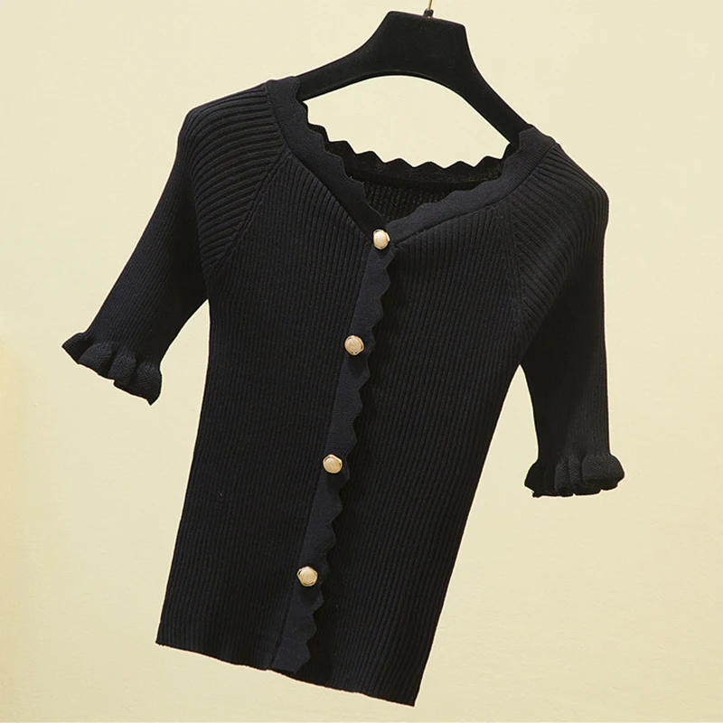 knitted Sweaters For Women Slash Neck Short Sleeve Women Sweater Black Slim Top Button Sweater Mujer 2022 Summer Thin Pull Femme