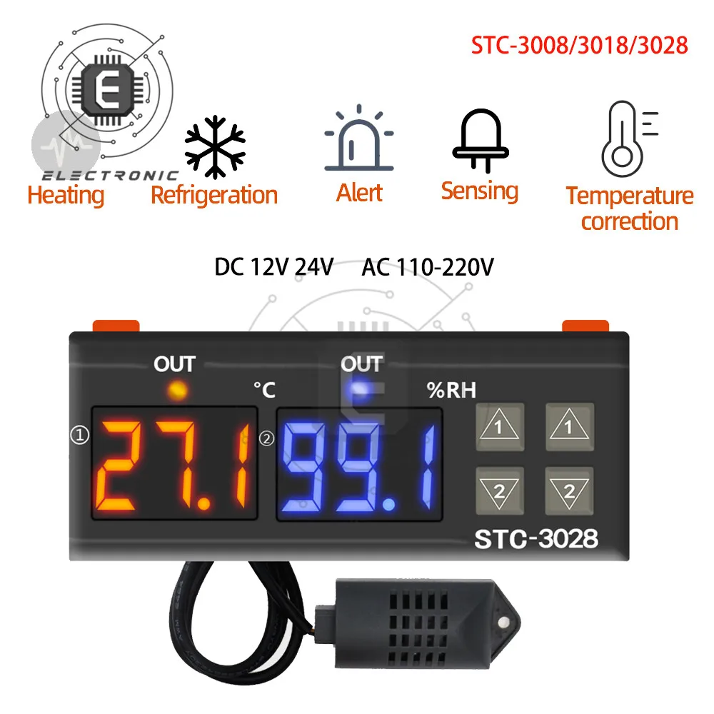 STC-3008 3018 3028 AC 110-220V DC12V 24V 10A Dual Digital Temperature Controller Hygrometer Heating Cooling Thermostat Incubator