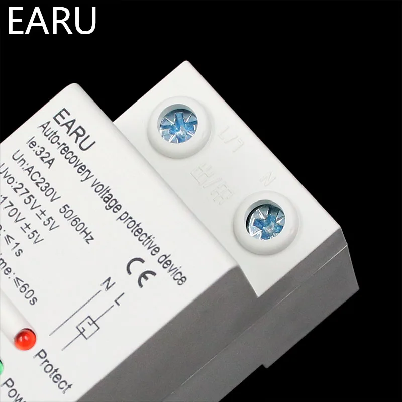 1 pc 32A 220V Din Rail Self Recovery Automatic Reconnect Over & Under Voltage Protector Lightening Protection Protective Relay