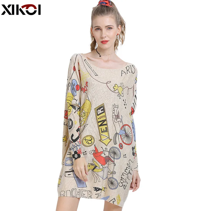 XIKOI Winter Oversized Sweaters For Women Warm Long Pullover Dresses Fashion Creativity Print Jumper Knitted Sweaters Pull Femme