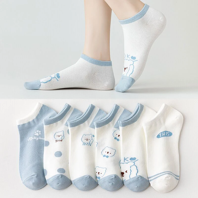 5 Pairs Women Socks Harajuku Kawaii Spring Summer Cartoon Socks Bear Female Funny Short Socks School Girls Ankle Socks Meias Sox