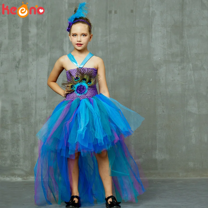 Fancy Peacock Feather Girl Pageant Tutu Dress With Headband Children Kids Birthday Party Wedding Ball Gowns Trailing Tulle Dress