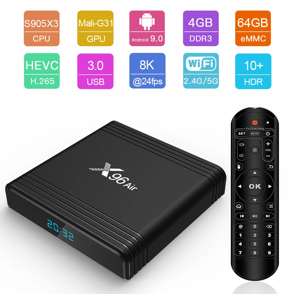 Genuine X96 Air TV BOX Android 9.0 Amlogic S905X3 4GB RAM 64GB ROM 5G Dual WIFI BT4.0 OTA Upgrade H.265 8K 24fps Set Top Box