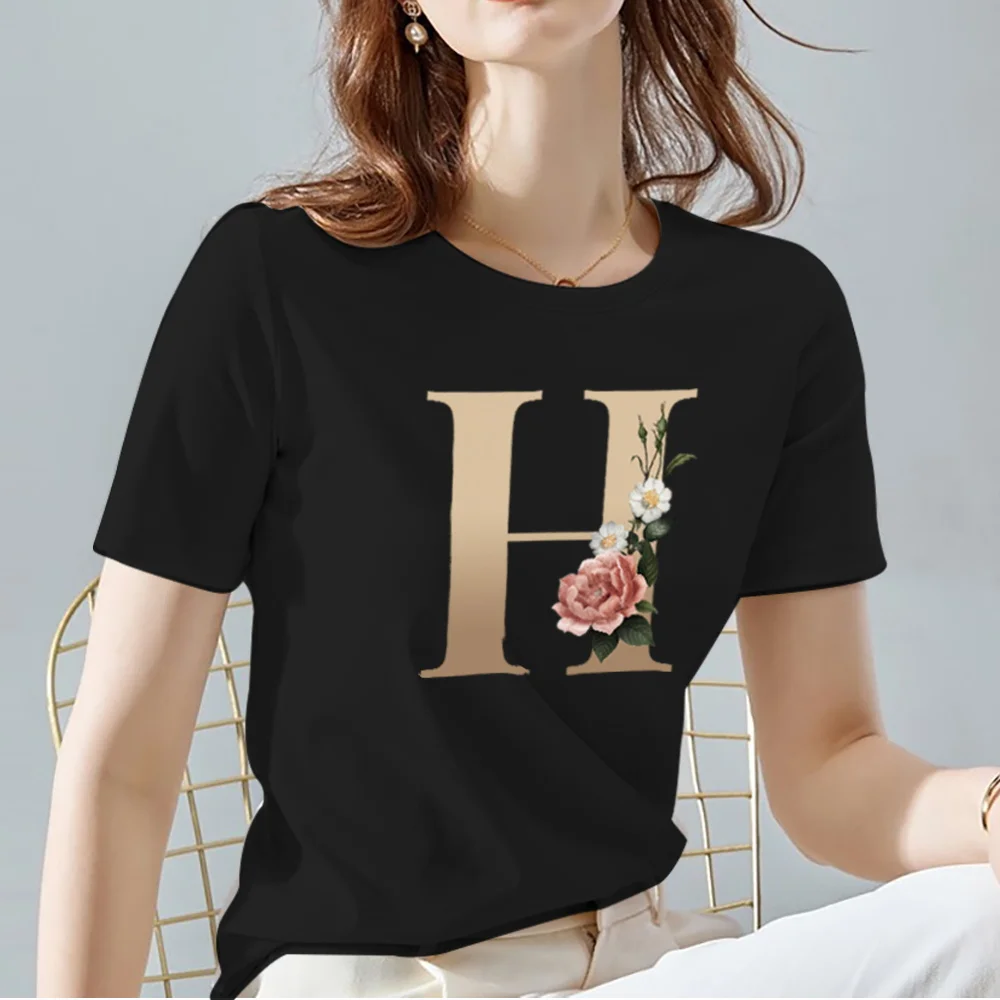 

Women's O-neck T-shirt Fashion Flower Letter Pattern Top Classic Black All-match Printed Ladies Short Sleeve T-shirt Clothes