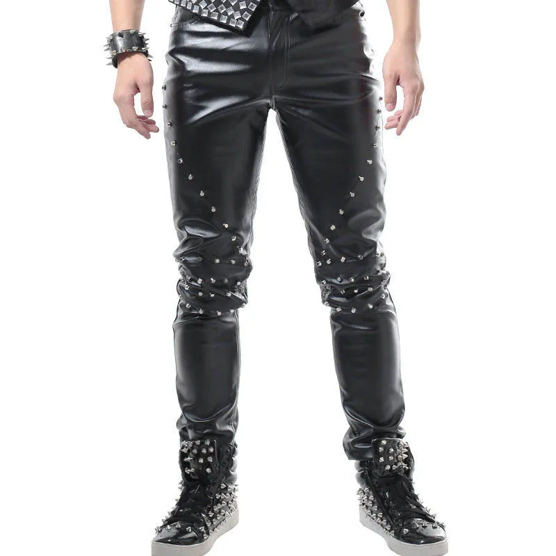 

Idopy Fashion Punk Men`s Party Cosplay Faux Leather Pants Stretchy Studded Black Rivet Slim Fit Pencil PU Trousers For Male