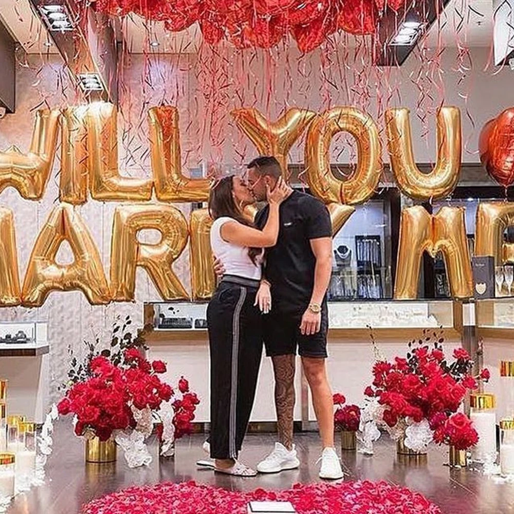 1set 16inch Rose Gold Will You Marry Me Foil Balloons 18 inch Heart Balloon for Weeding Birthday Party Bridal Shower Decorations