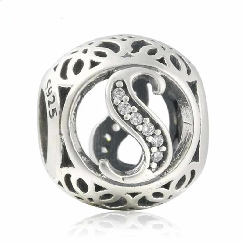 

Summer 925-Sterling-Silver Vintage Alphabet Cubic Zirconia Letter S Openwork Charms Beads Fits Pandora bracelets jewelry