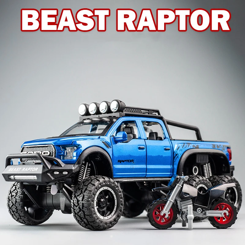 Modelo de coche Ford Raptor F150, rueda grande de aleación fundido a presión con luz de sonido, coche de juguete para niños, regalos de Navidad, 1:28