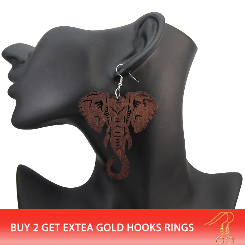 SOMESOOR 3 Colors Engraving Arican Elephant Wooden Drop Earrings Afrocentric Ethnic Tribal Eco Dangle Jewelry For Women Gifts