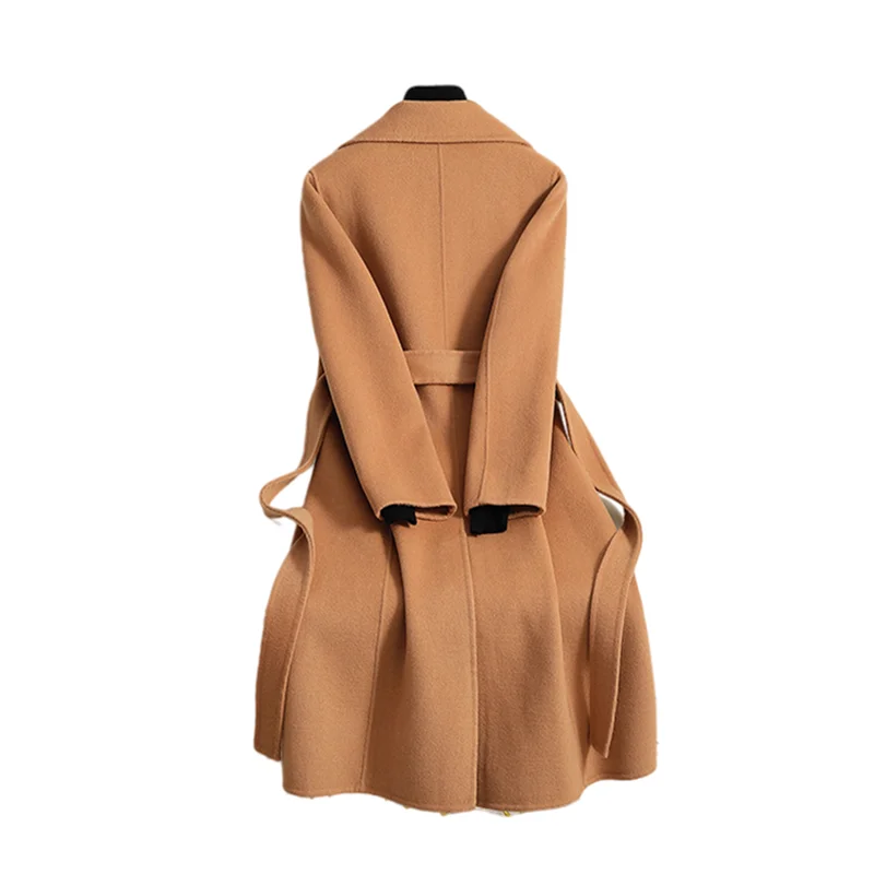 Double-Sided Cashmere Jacket Women Long 2023 Autumn Winter Korean Lace Up Wool Overcoat High-End Slim Woolen Coat Female H1891