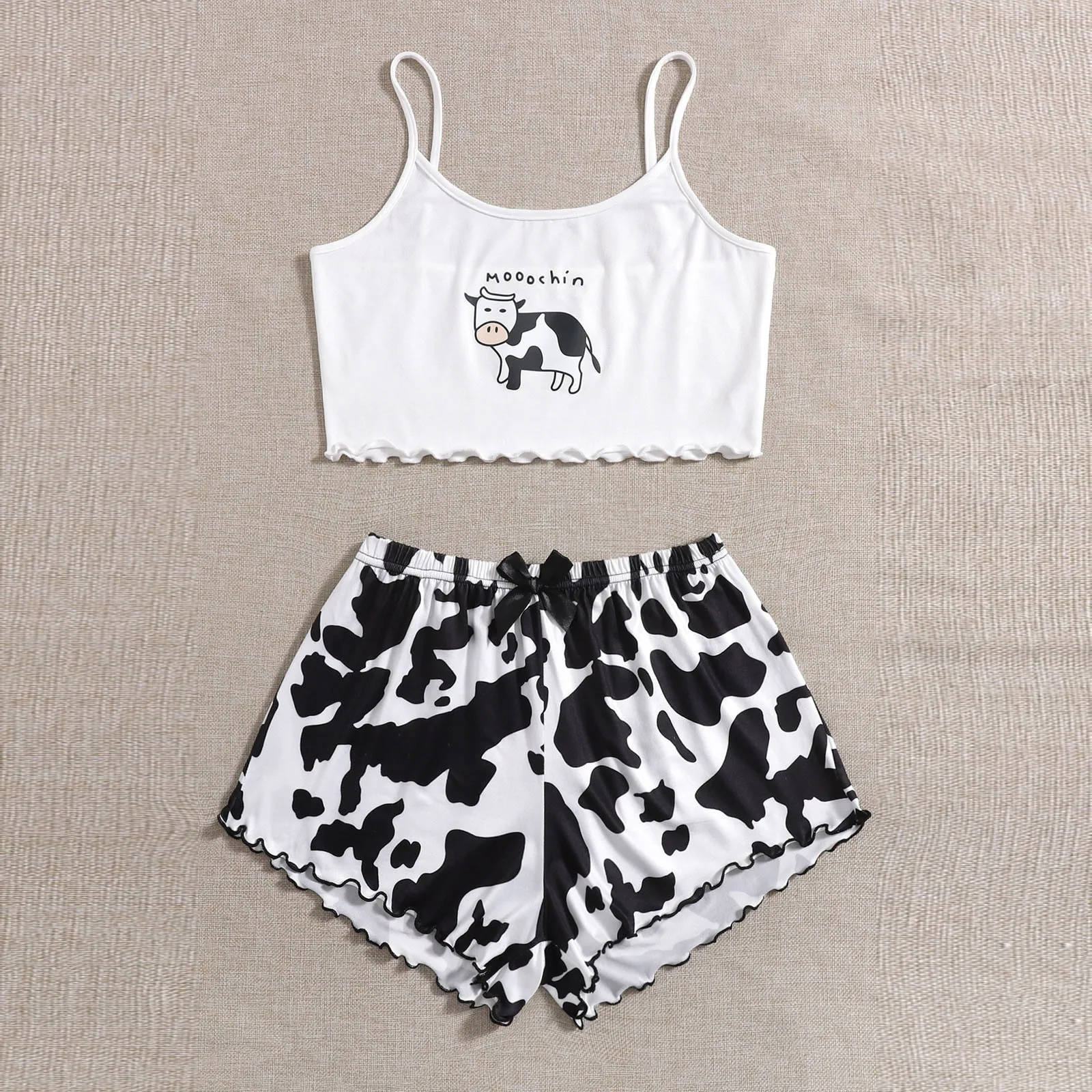 Sleepwear Home Suit Summer V Neck Sexy Pyjamas Sets Women Pijama Femme Spaghetti Strap Loose Milk Cow Print Lovely Nightie Y2k