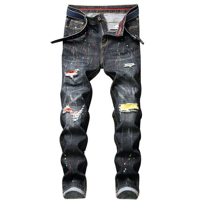 

Famous Brand European American Style Biker Jeans Men's Fashion Slim Pants Male Zipper Black Hole Classic Casual Denim Trousers