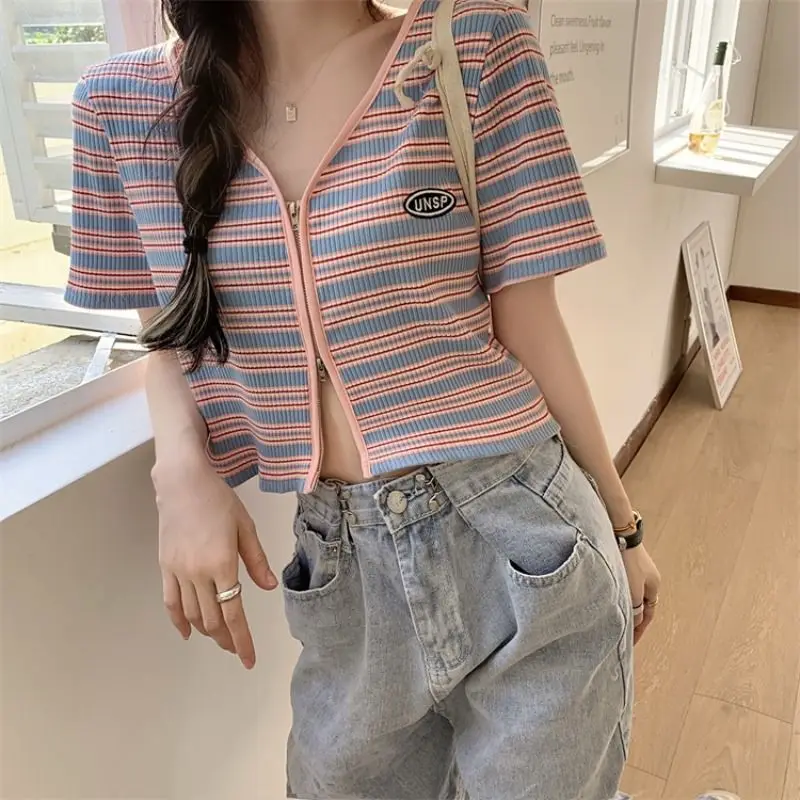 Short Sleeve Crop Top Clothes Korean V-Neck Knitting Sexy Women\'s T-shirt Summer T Shirt Striped Fashion Aesthetic Casual Navy