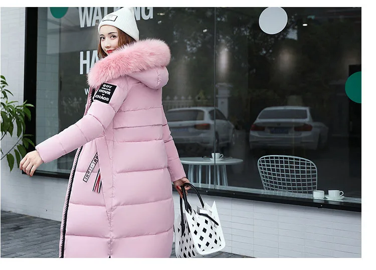 2025 Women's Down Parkas Winter Jacket Big Fur Collar Thick Slim Coat Fashion Hooded Cotton Outerwear Long Winter Woman Coat