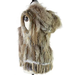 Harppihop fashion rabbit fur vest raccoon fur trimming knitted rabbit fur vest with hood fur waistcoat gilet