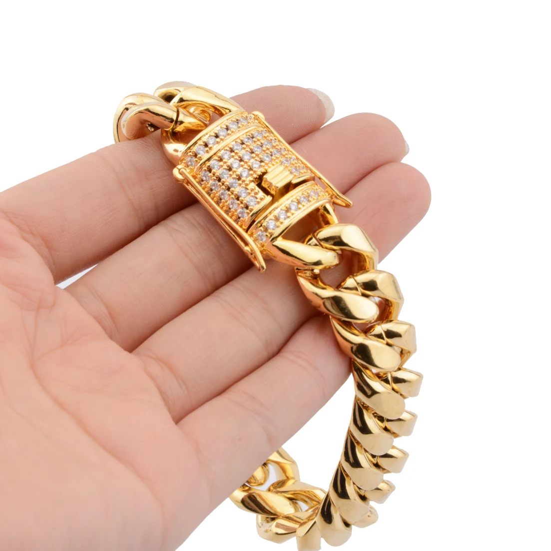 

8-18mm Wide Cuban Miami Link Stainless steel Rhinestone Clasp Iced Out Gold Color Hip hop casting Chain bangle bracelet Jewelry