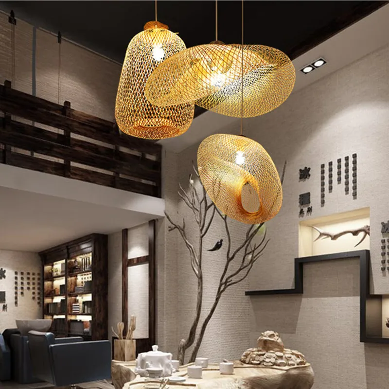 Bamboo pendant lamp Wicker Rattan Wave Pendant Light Vintage Japanese Lamp minimalist light Dining Table Chinese country style