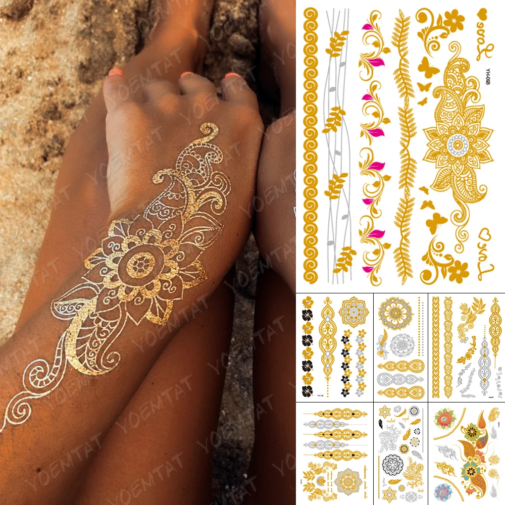 Großhandel wasserdicht temporäre Tattoo Aufkleber Blumen Mandala Henna Gold Silber Metallic Flash Tattoo Boho Lotus Glitter Körper kunst