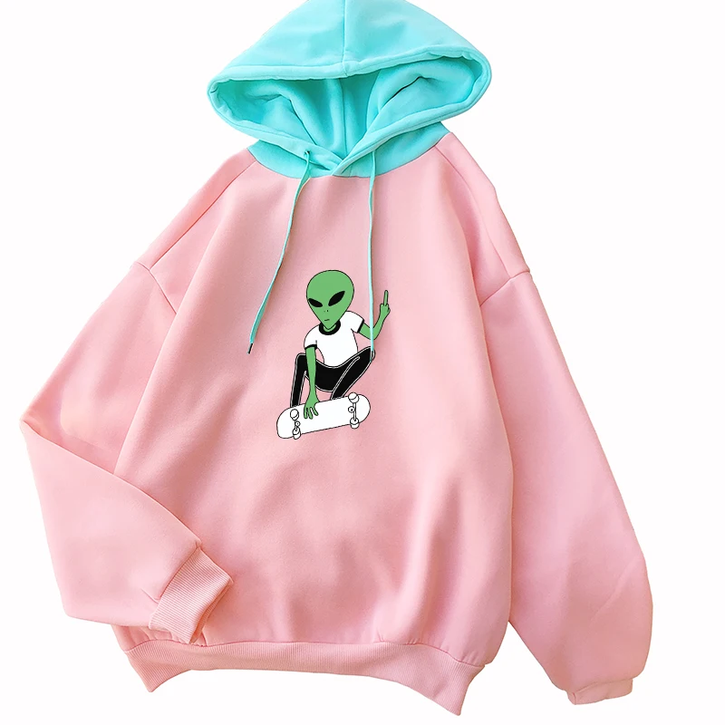 

Autumn Winter Fleece Hoodies Women Harajuku Kawaii Skateboard Alien Cartoon Print Sweatshirts Loose Hit Color Drop Shoulder Tops