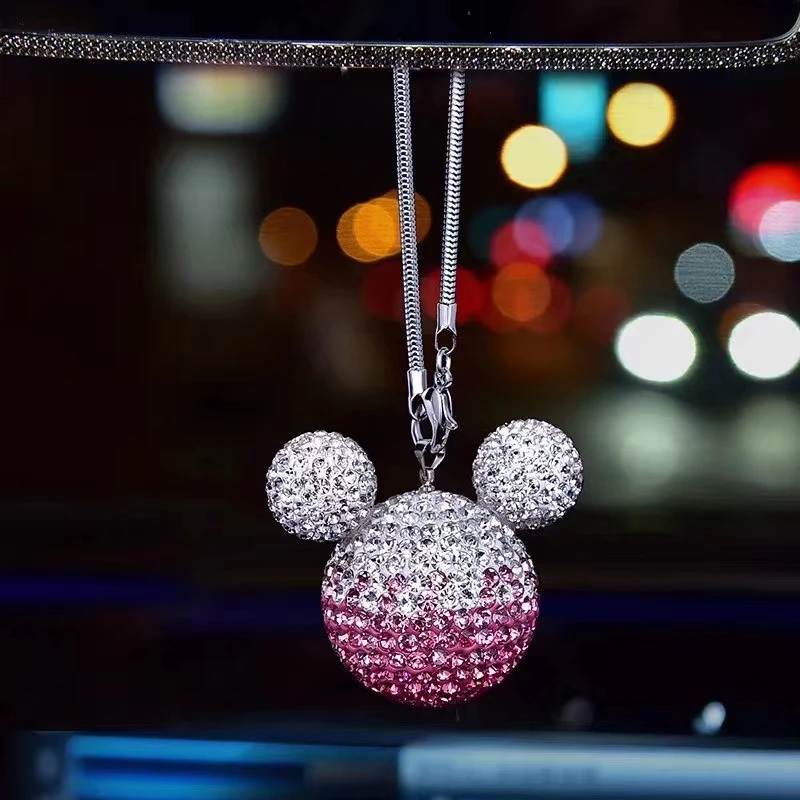Rhinestone Crystal Ball Car Pendant Cute Cartoon Animal Bling Car Mirror Hanging Accessories Girls Women Car Interior Decoration