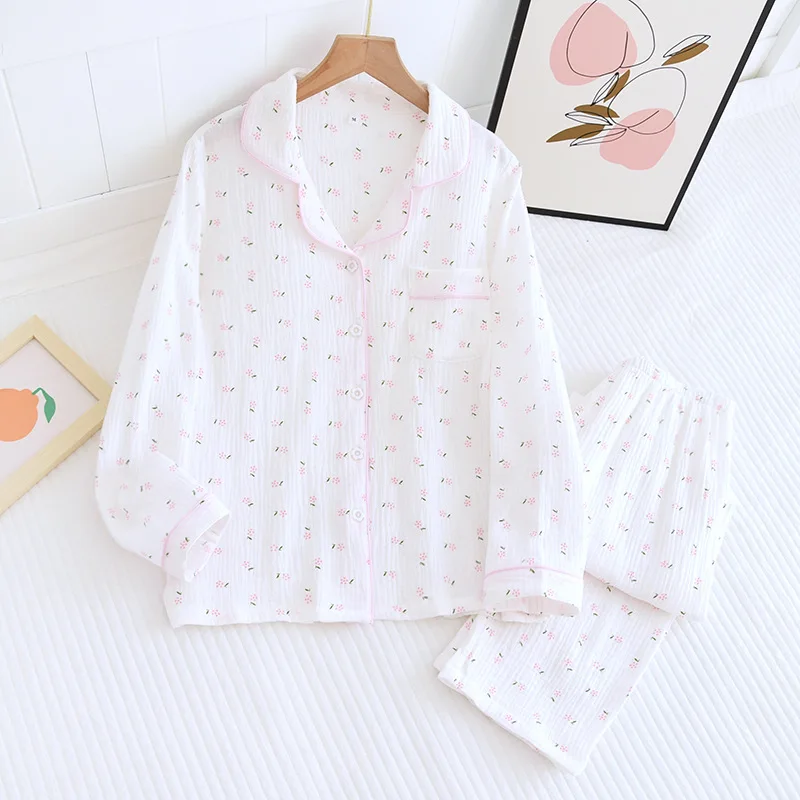 Fdfklak Spring Fall Full Sleeve Homewear Loose 2Pcs Pajama Set 100% Gauze Cotton Casual Print Sleeping Shirt Home Wear Clothes