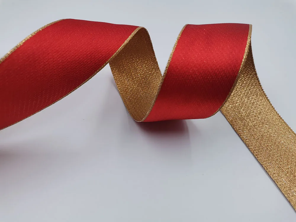 38MM Red Gold Reversible Metallic Wired Ribbon for Christmas Tree Decorations Bow Making New Year Gift Wrapping 10Yards Roll