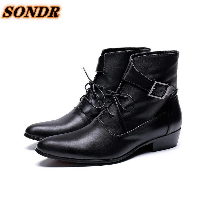 

Fashion Boots Men Spring Autumn Pointed Toe Height Increase Ankle Boots High Top Casual Shoes Genuine Leather Martin Boots Men