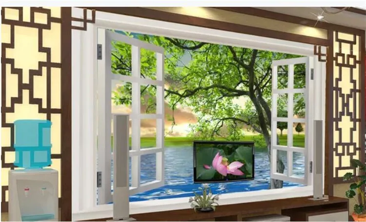 

Photo Wallpaper Modern Simple Outside Window Green Tree River Swan Nature Landscape 3D Stereo Mural Living Room Papel De Parede