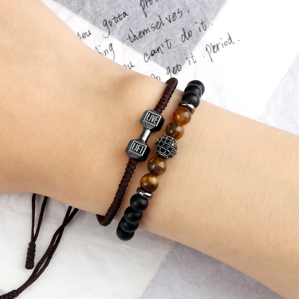 2pcs/Set Men Beaded Bracelet 6mm Charm Nature Onyx Stone Braided Strand Dumbbell hread Bracelets Women Barbell Fitness Jewelry