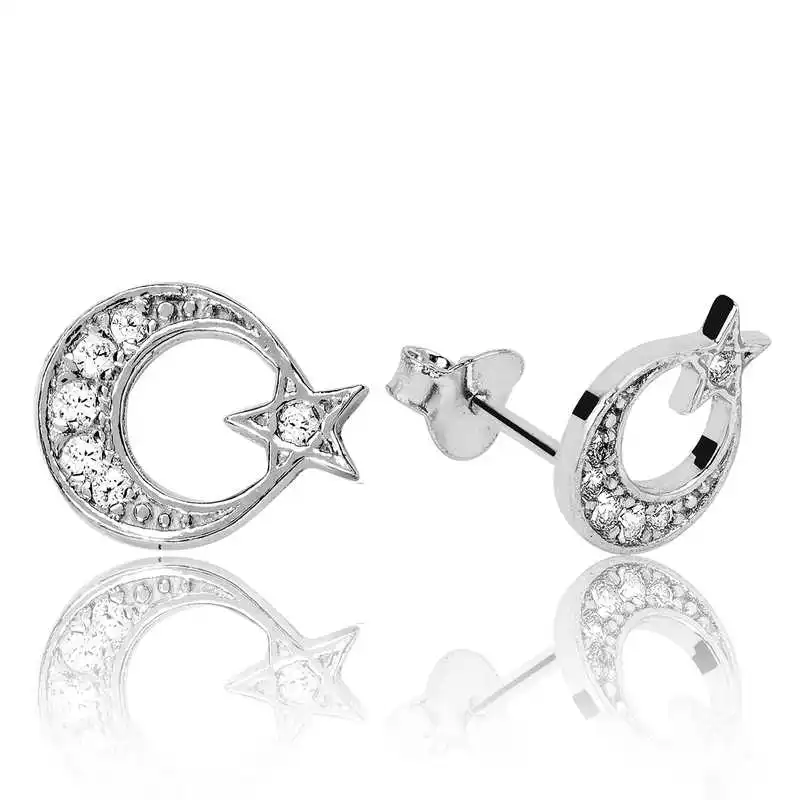 Silver Moon Star Studded Earrings Zircon Stone 925 Sterling Women for Jewelry Wedding Party Birthday Gift - Box - Fashion - Girl - Special Days