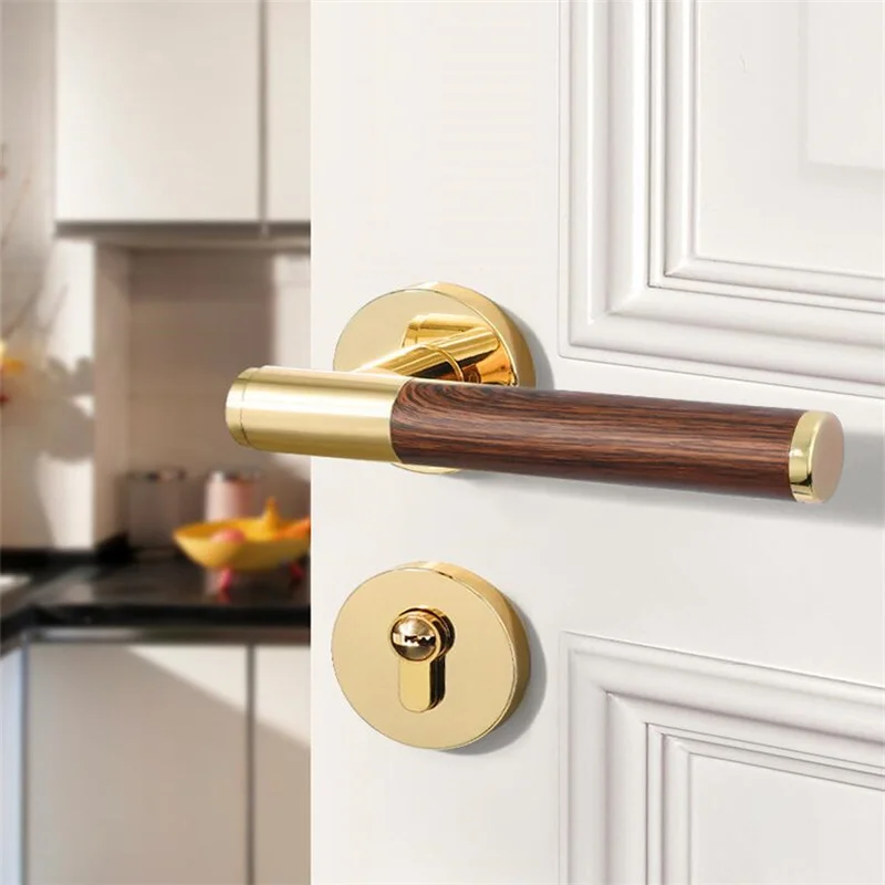 INS Wood Texture Straight Handle Door Lock Gold Indoor Room Bedroom Split Door Lock Set Household Silent Lock With Body And Keys