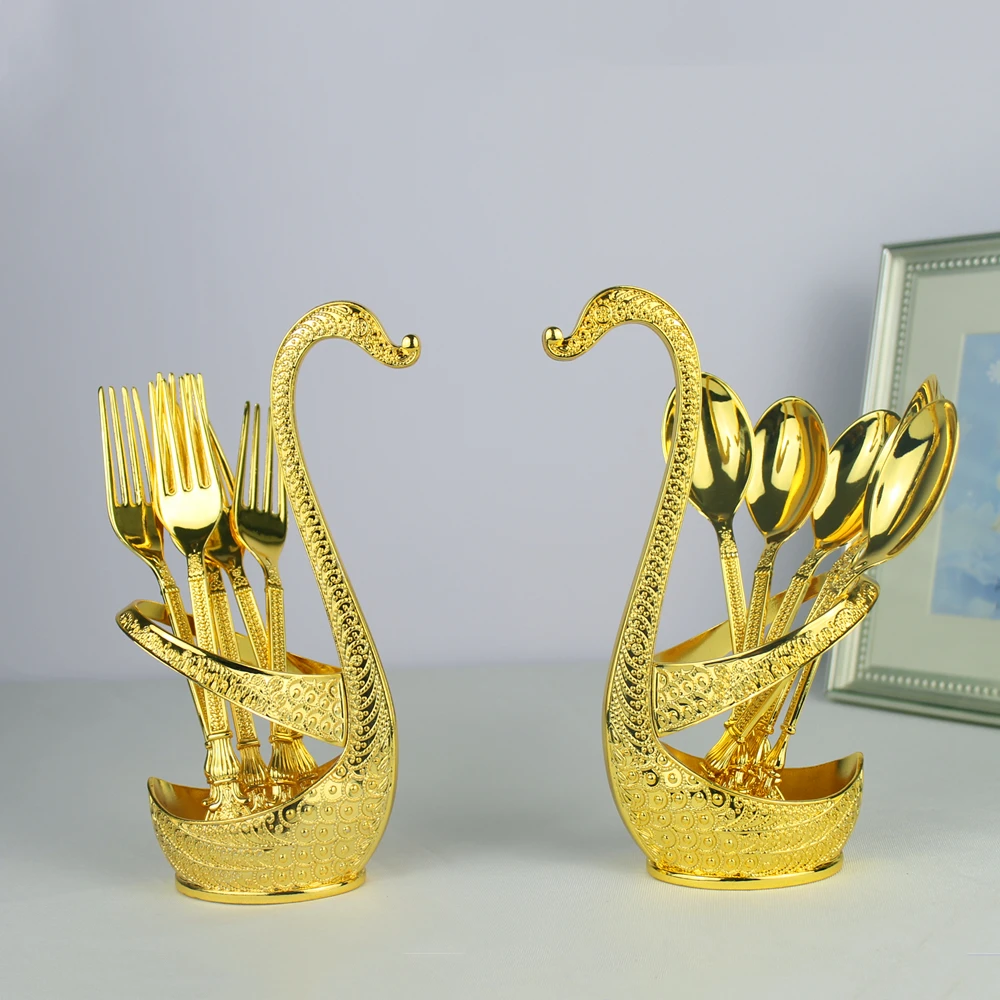 Swan Dinnerware European Style Gold Finish Metal Cake /Coffee Spoon Fork Set Tableware For Home Table Decor