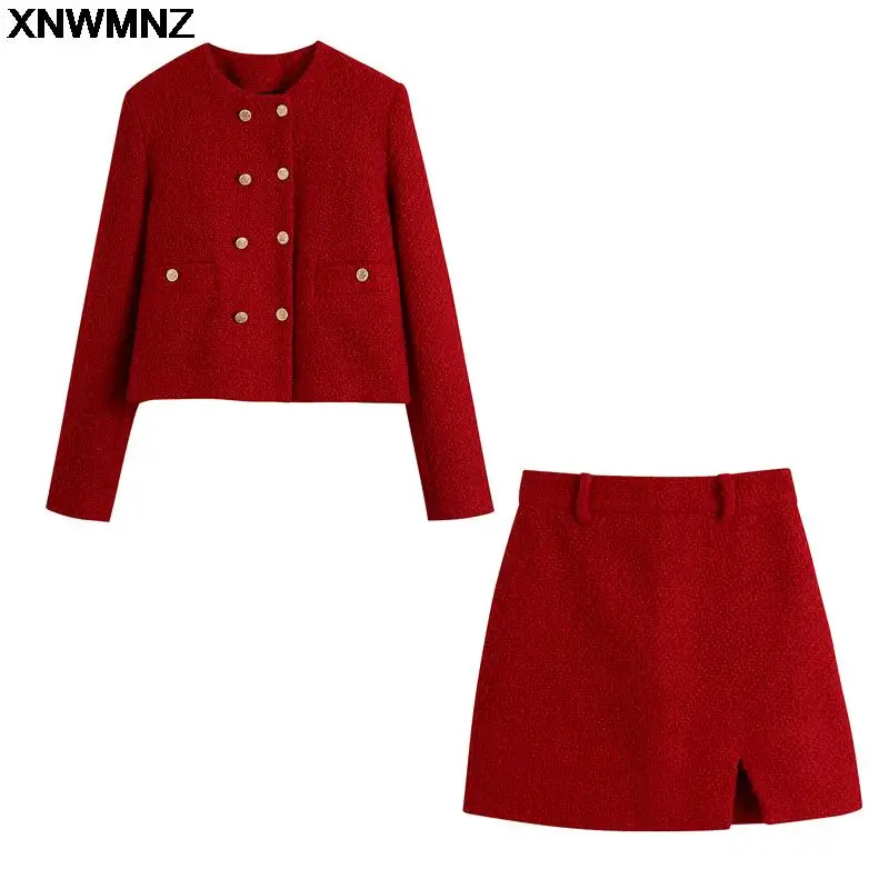 XNWMNZ-Chaqueta de traje de doble botonadura para mujer, falda de textura de cintura alta, ropa profesional de oficina, color rojo, otoño