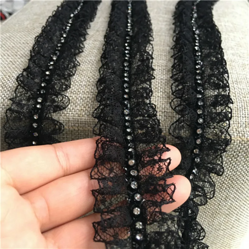 4CM Wide White Black 3D Embroidered Beaded Ribbons Pleated Dress Collar Lace Applique Trim Edge For Sewing Wedding Fringe Decor