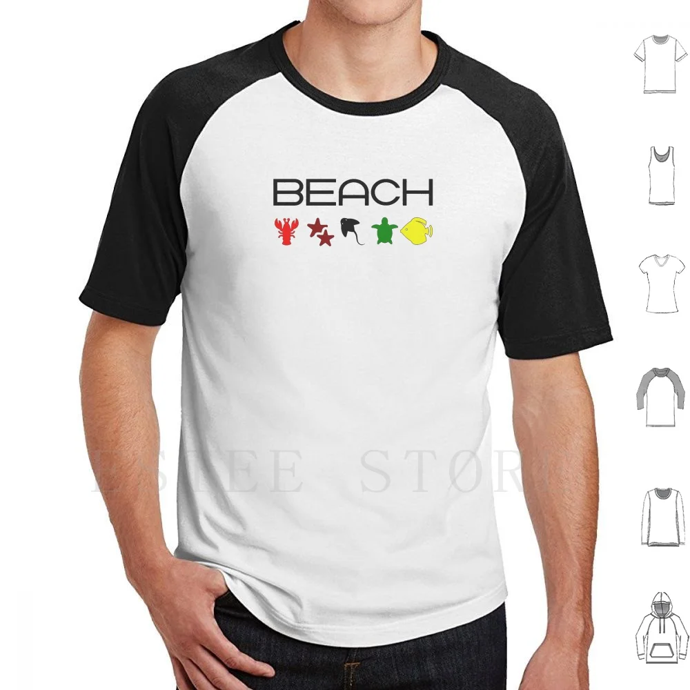 Beach Icons Marine Sea Creatures Light-Color T Shirt Print Cotton Beach Starfish Lobster Turtle Colorful Icons Animals Fish