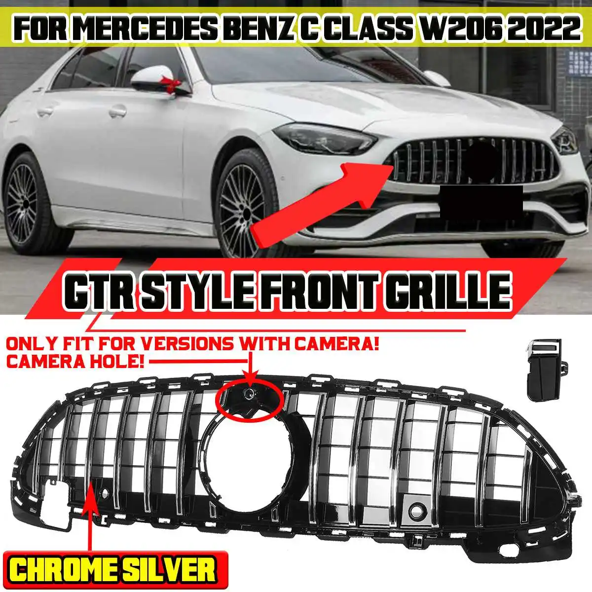 Black/Silver Car Front Racing Grill Front Bumper Radiator Grille with Camera Hole For Mercedes For Benz C Class W206 2022