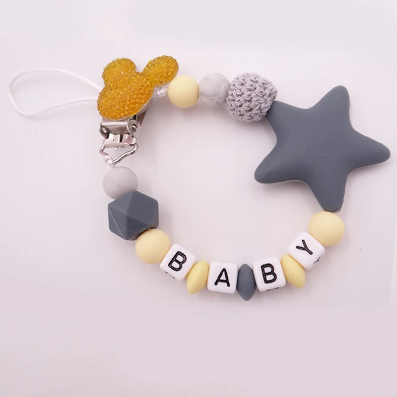 Chupete con nombre Personalizado hecho a mano, clip de silicona, estilo de cabeza de ratón, tetina personalizada, Chupetero infantil Personalizado