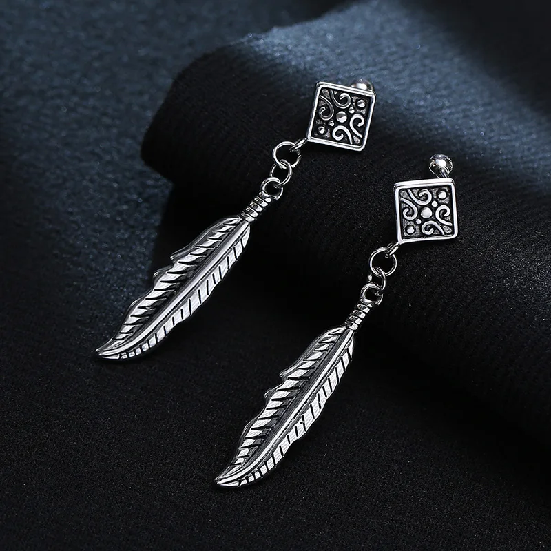 Silver Color Feather Earrings, Native American Indian Charm Earrings,Stainless Steel Hypoallergenic Stainless Steel Hoops Earing