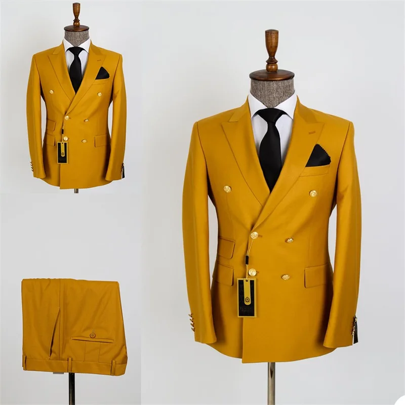 Men\'s Gold Metal Double Button Formal Coat and Pant Suits High Quality Handsome Spring Wedding Sets 2 Pcs Customized