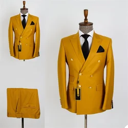 Men's Gold Metal Double Button Formal Coat and Pant Suits High Quality Handsome Spring Wedding Sets 2 Pcs Customized