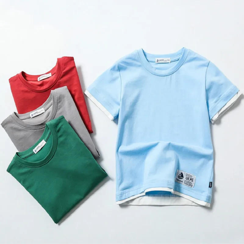 New Children Summer Cotton Fake Two Short Sleeve T-Shirt Boy  Kids 4 5 6 7 Years Exquisite Clothes