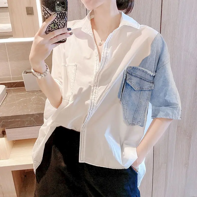 Womens Shirts Cowboy Stitching White Shirts Female Fake Two-piece Blouse 2024 Summer Short Sleeve Shirts Fashion Clothing Women