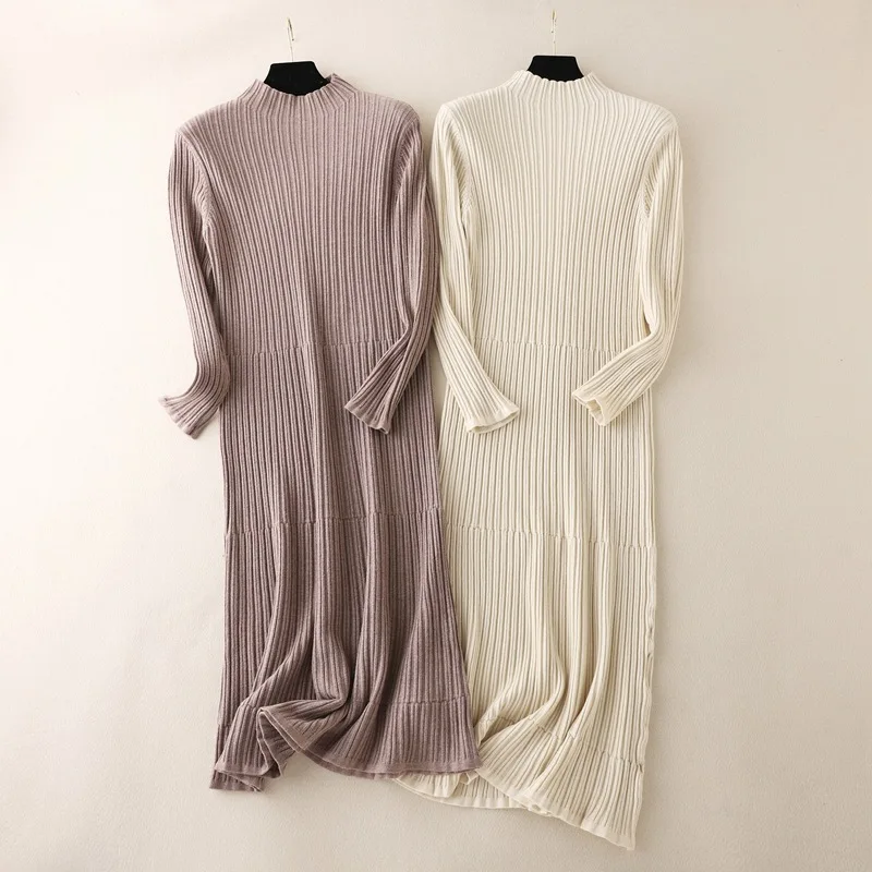 

HLBCBG oversize thick long sweater dress women Half-high autumn winter straight sweater dress female casual loose knit dress