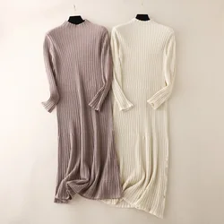 HLBCBG oversize thick long sweater dress women Half-high autumn winter straight sweater dress female casual loose knit dress