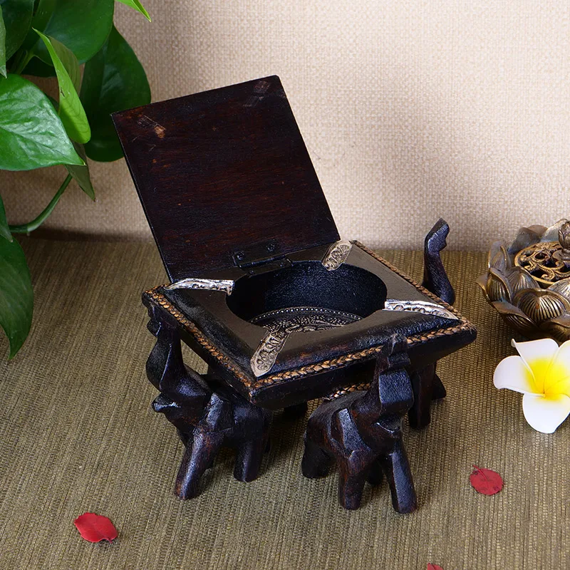 

Thailand Crafts Living Room Home Solid Wood Ashtray Decoration Retro Personality New Chinese Style with Lid Elephant Ashtray