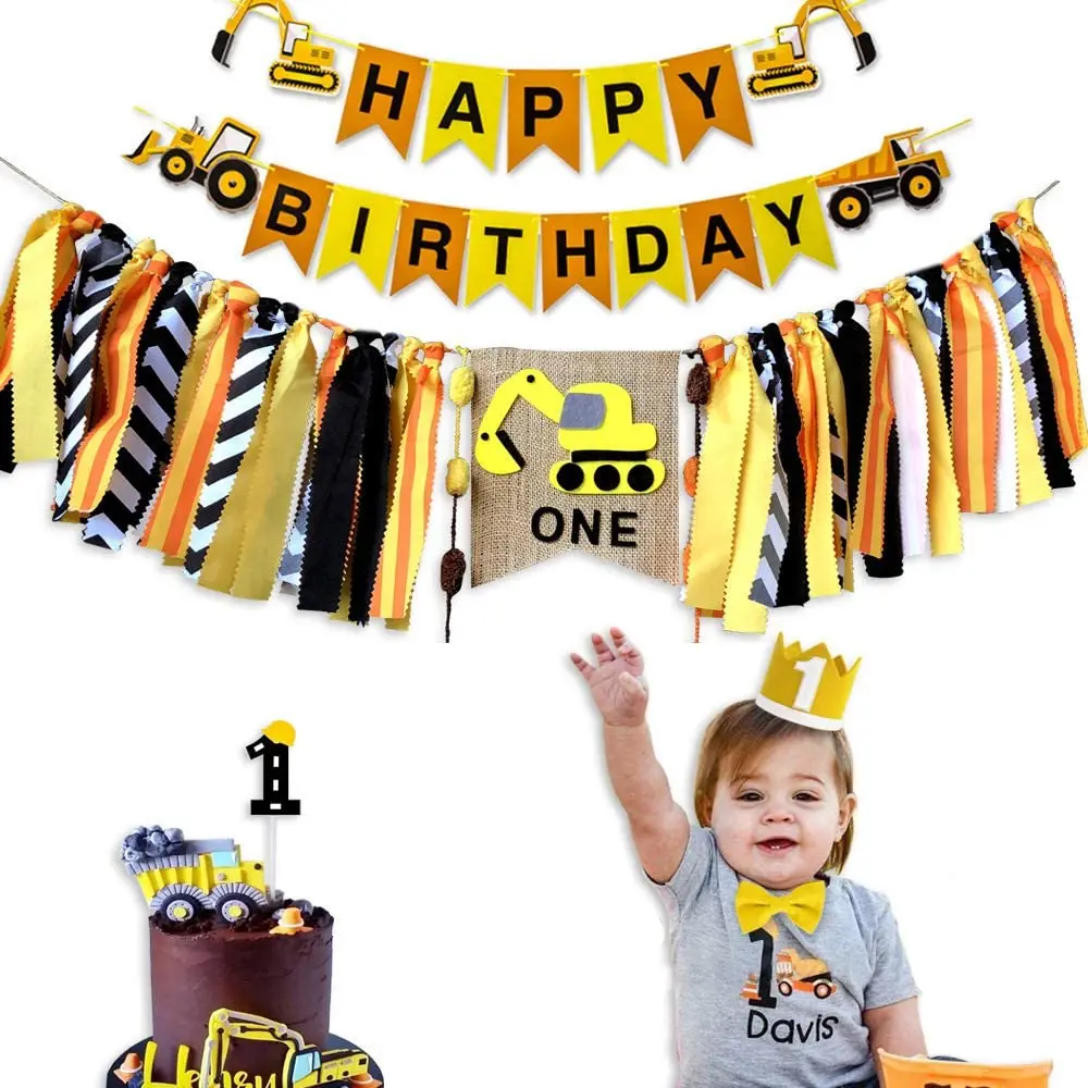 1st Birthday Party Decoration Supplies Cake Topper Banner Crown Jungle Safari Bee Construction Theme Sweet Kids Party Decor Set