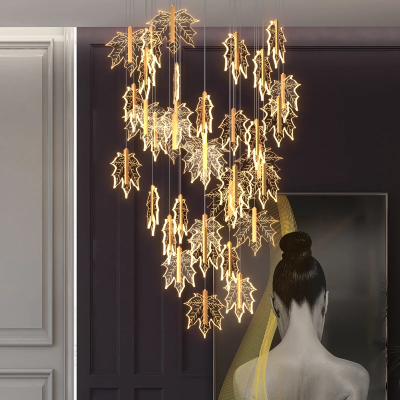 Modern Golden Maple Leaf Staircase LED Chandelier Lighting Nordic  Duplex Building Living Room Luster Villa Stairwell Chandelier